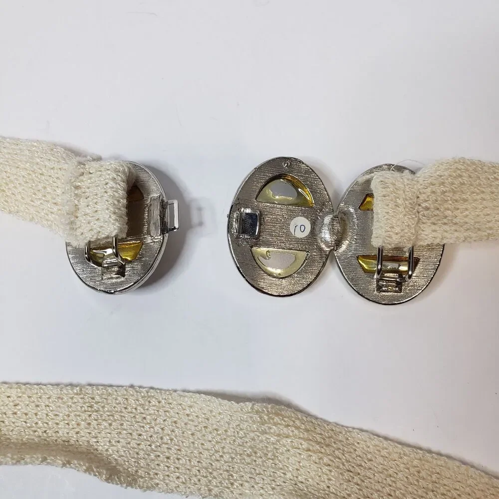 Vintage St. John Knits Cream Elastic Stretch Cinch Belt Jeweled Crystal Oval